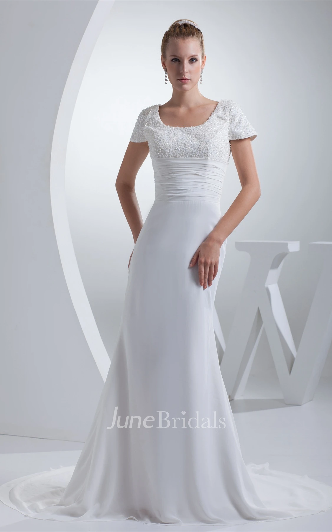 Square-Neck Short-Sleeve Sheath Dress with Ruching and Gemmed Top