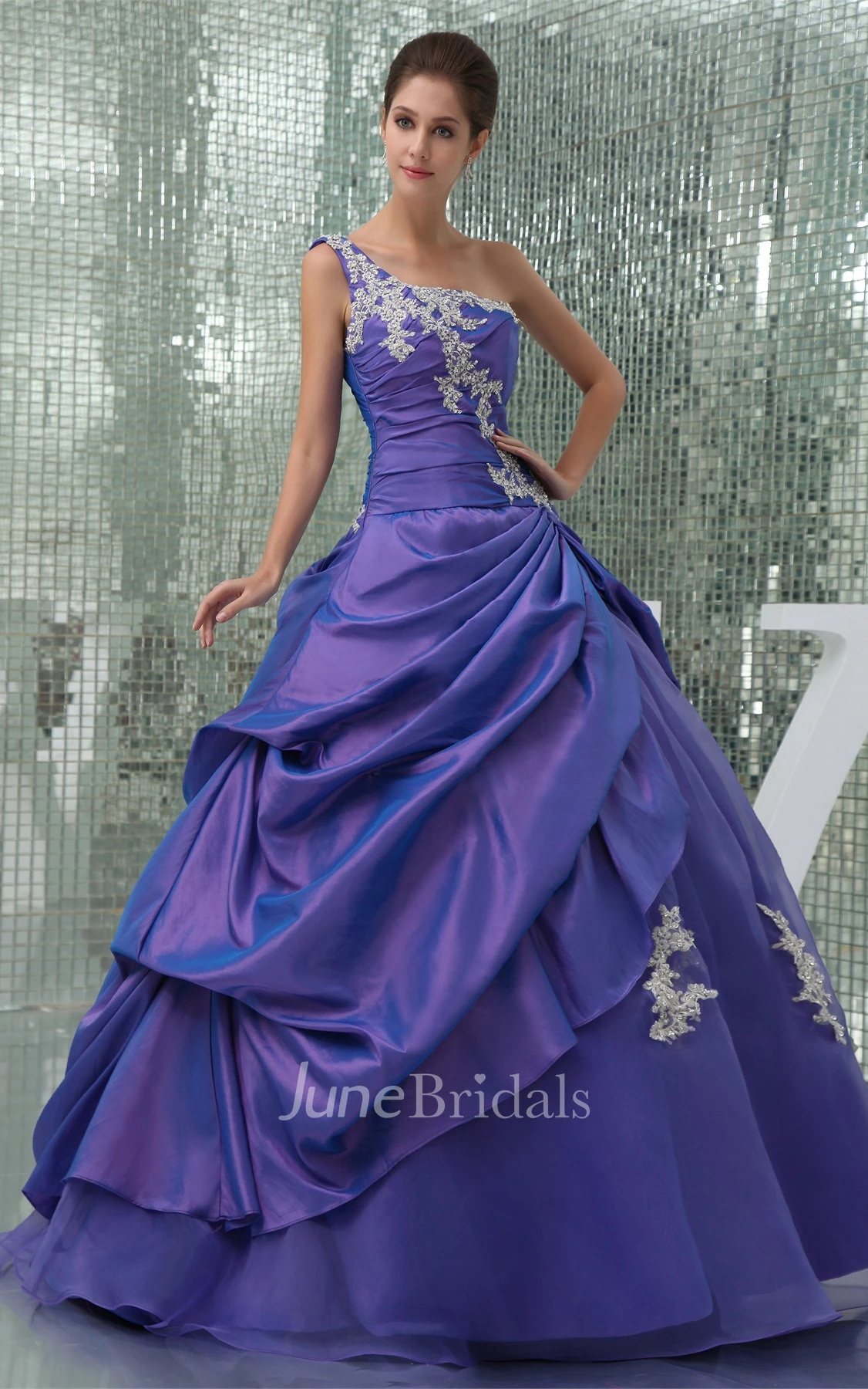 One-Shoulder Ruched Pick-Up Ball Gown with Appliques