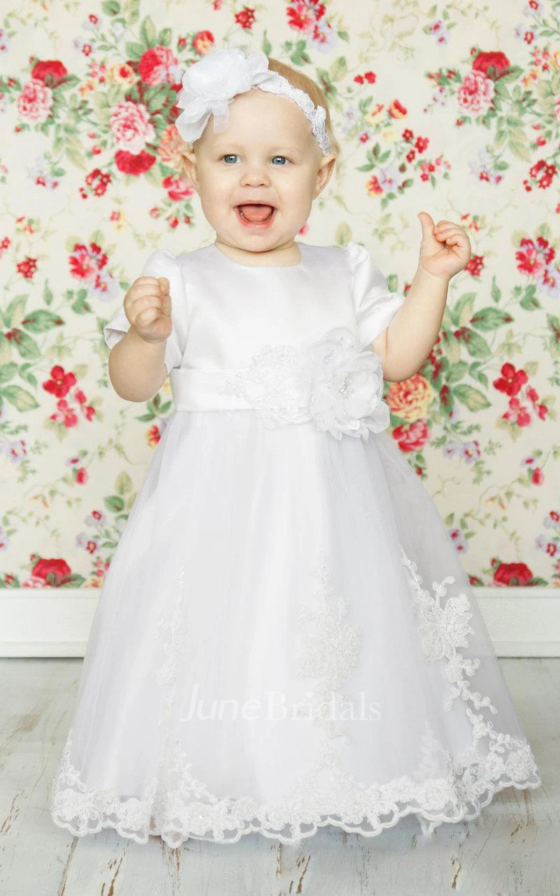 Tulle&Lace&Satin Dress With Cap Sleeve and Belt