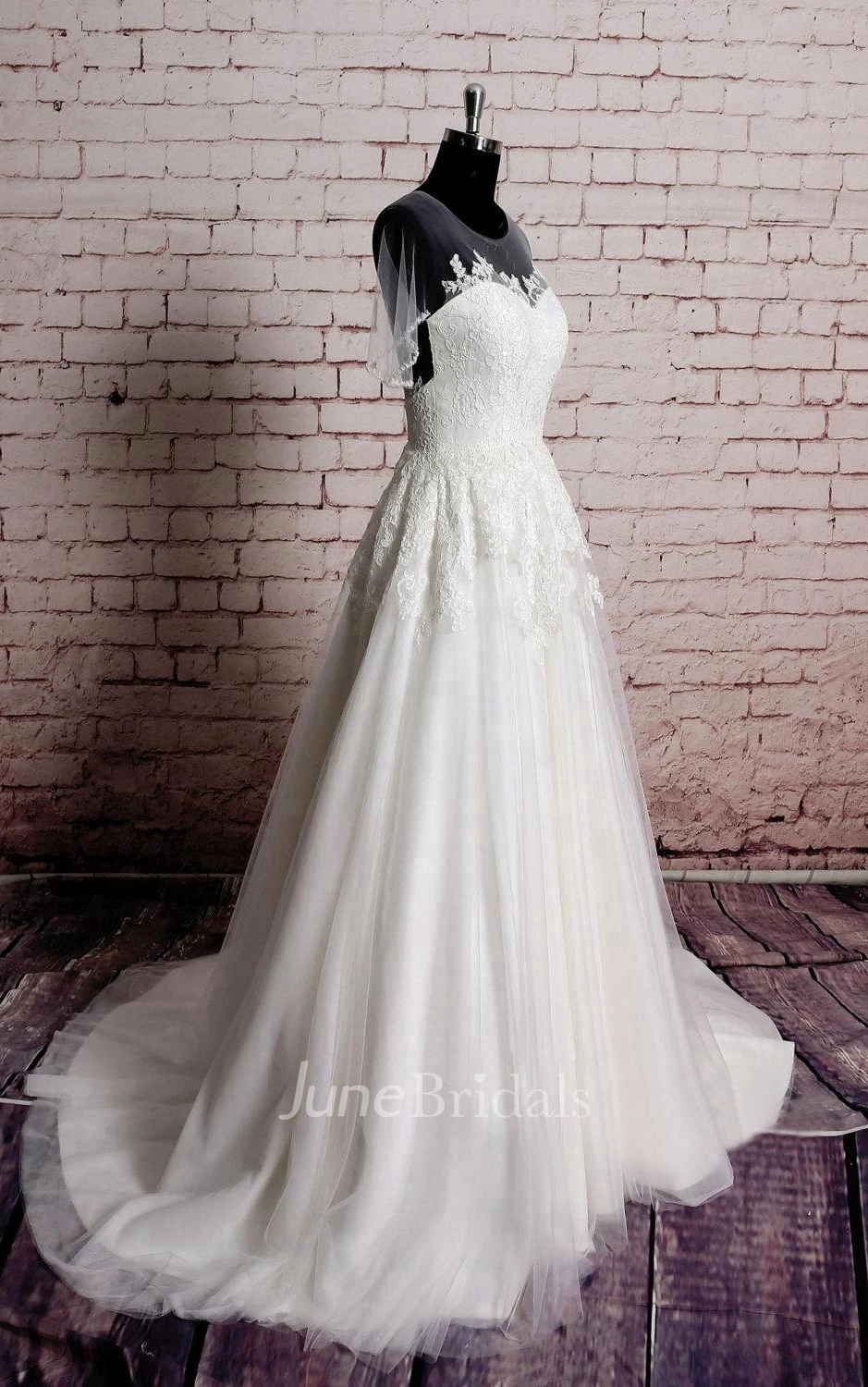 Jewel Illusion Neck Long A-Line Tulle Dress With Lace Appliques