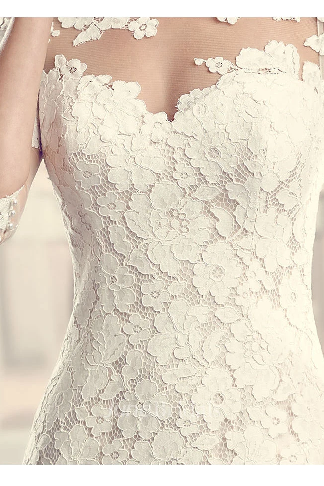 Floor-Length Scoop Split-Front Long-Sleeve Lace Wedding Dress