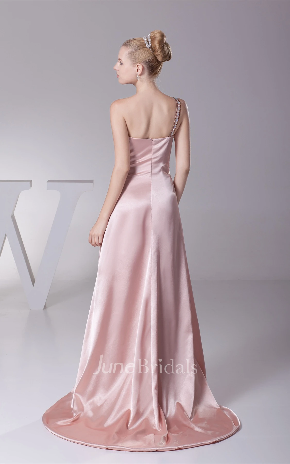 Single-Strap Front-Split Floor-Length Dress with Ruching and Beading