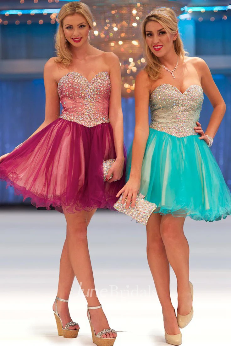 A-Line Short Strapless Beaded Tulle Prom Dress With Lace-Up