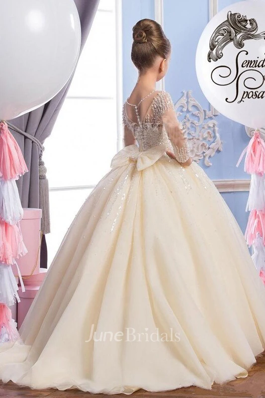Tulle Scoop Long Sleeve Ball Gown Flower Girl Dress with Beading