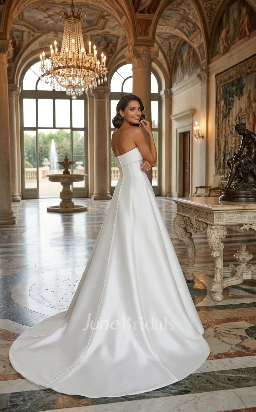 Modern Simple A-Line Beach Strapless Neckline Spring Wedding Dress Romantic Modest Ruching Button Back Satin Bridal Gown with Train
