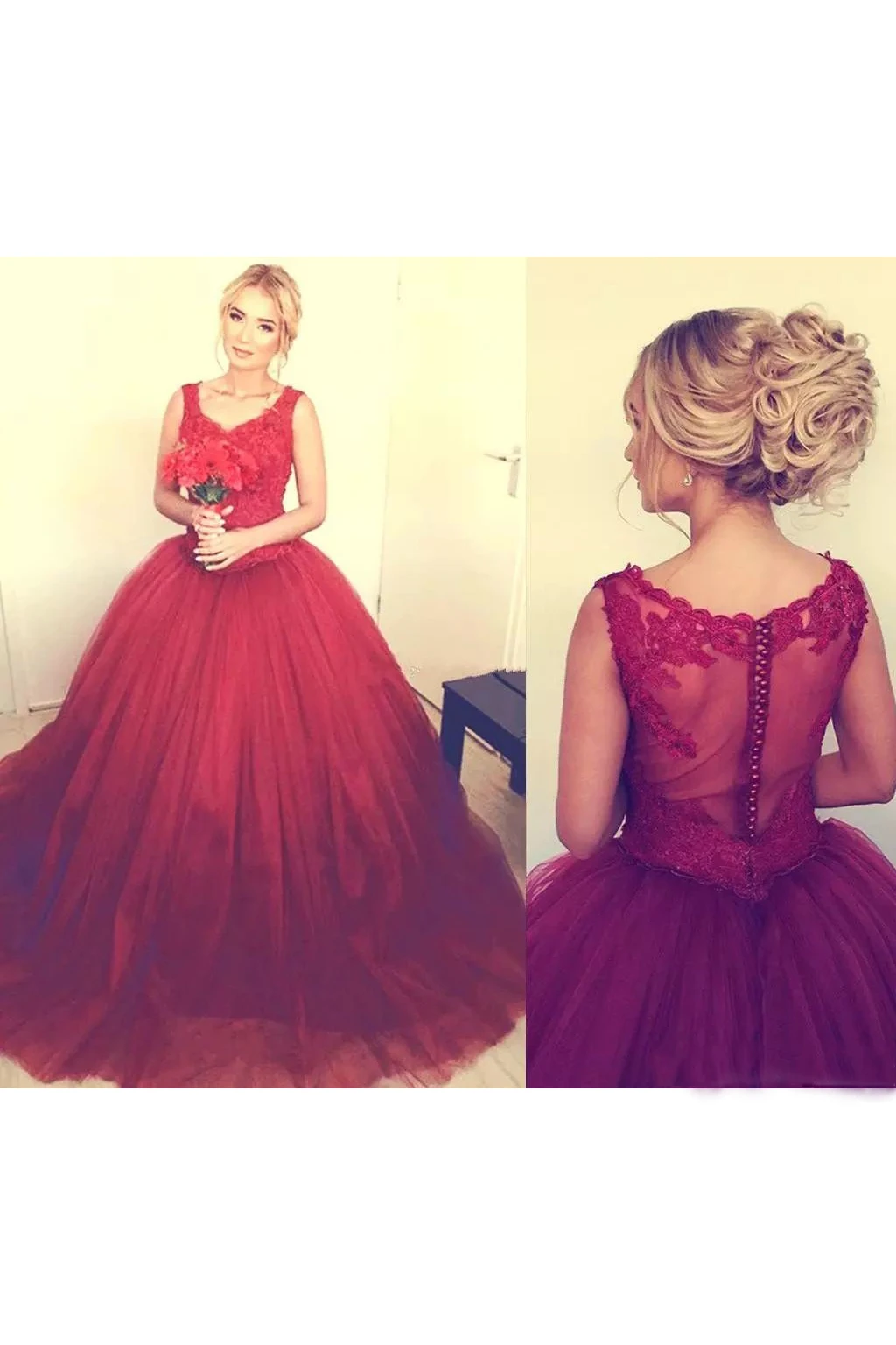 Ball Gown V-neck Sleeveless Lace Tulle Dress