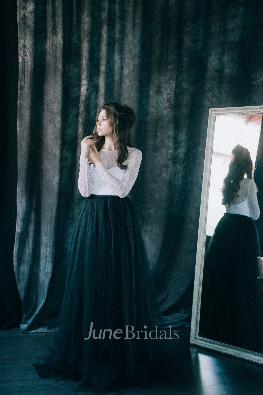 Sheath Bateau Floor-length Weding Dress Long Sleeve Deep-V Back With Pleats Black Wedding Dress