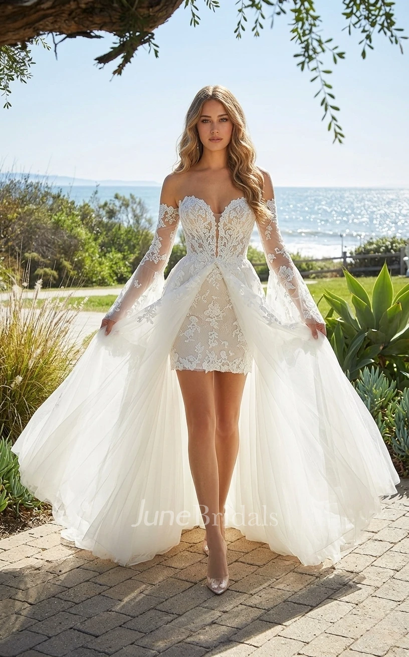 Detachable Princess Boho Lace Wedding Dress with Long Sleeves for Modern Beach Destination Weddings