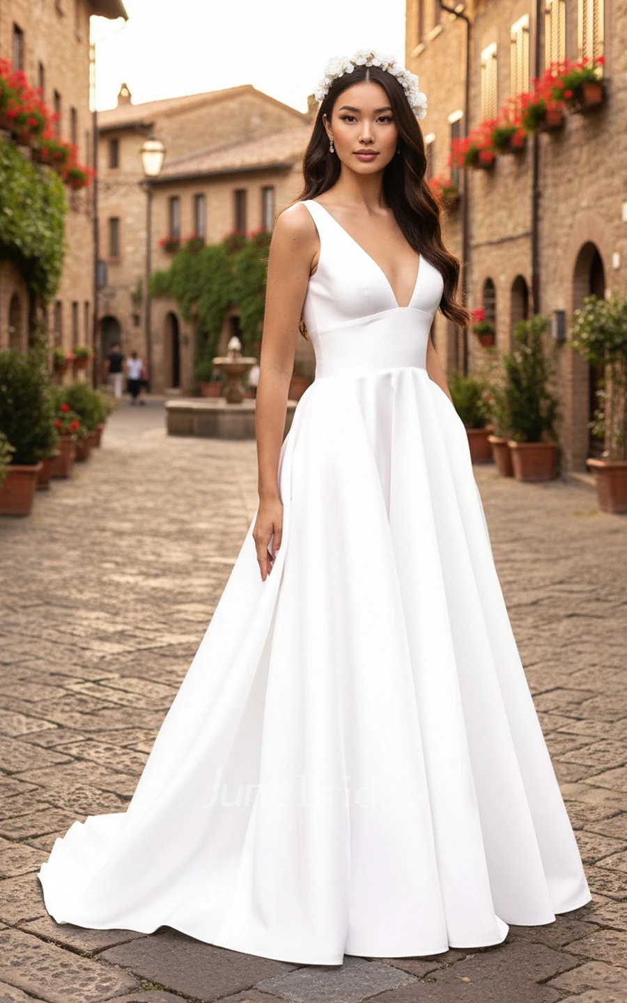 Minimalist A-Line Sleeveless Wedding Dress Deep V-Neck Satin Informal Bridal Gown