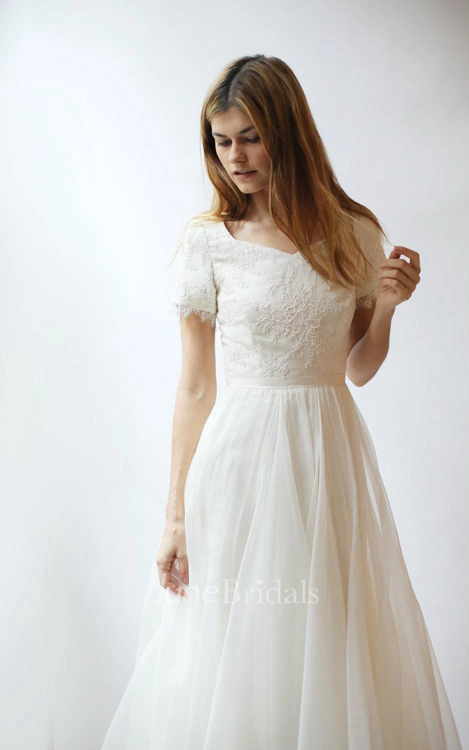 V-Neck Short Sleeve A-Line Tulle Wedding Dress With Lace Bodice