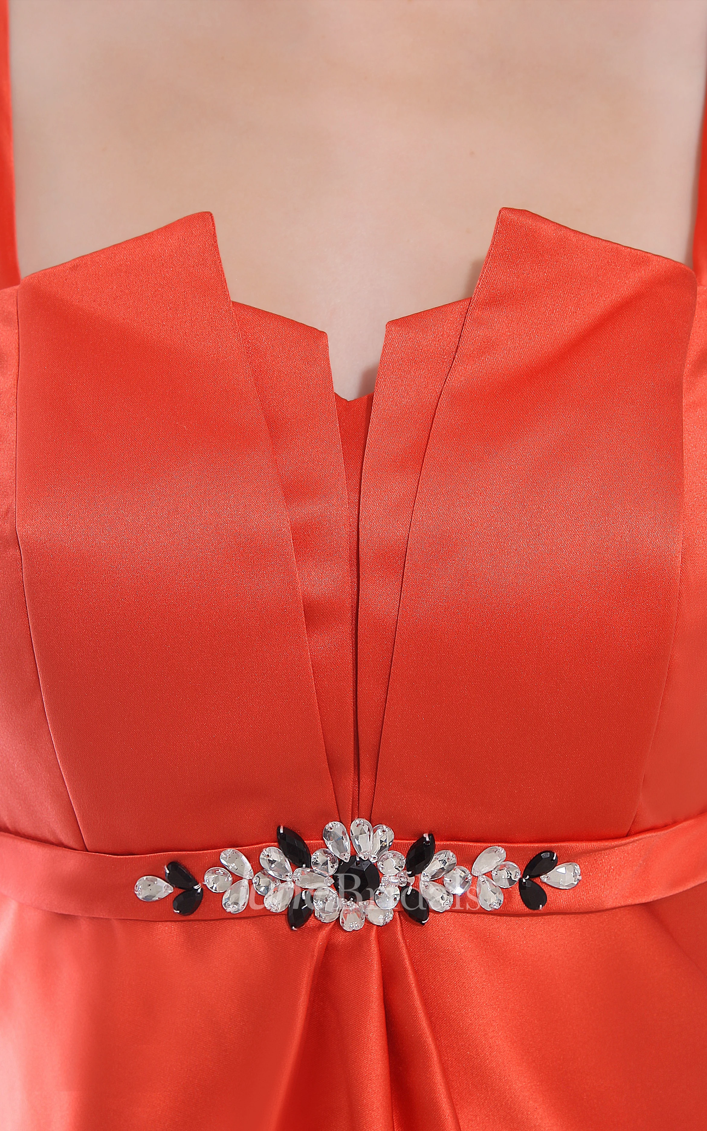 Sleeveless Satin Tea-Length Dress With Spaghetti Straps