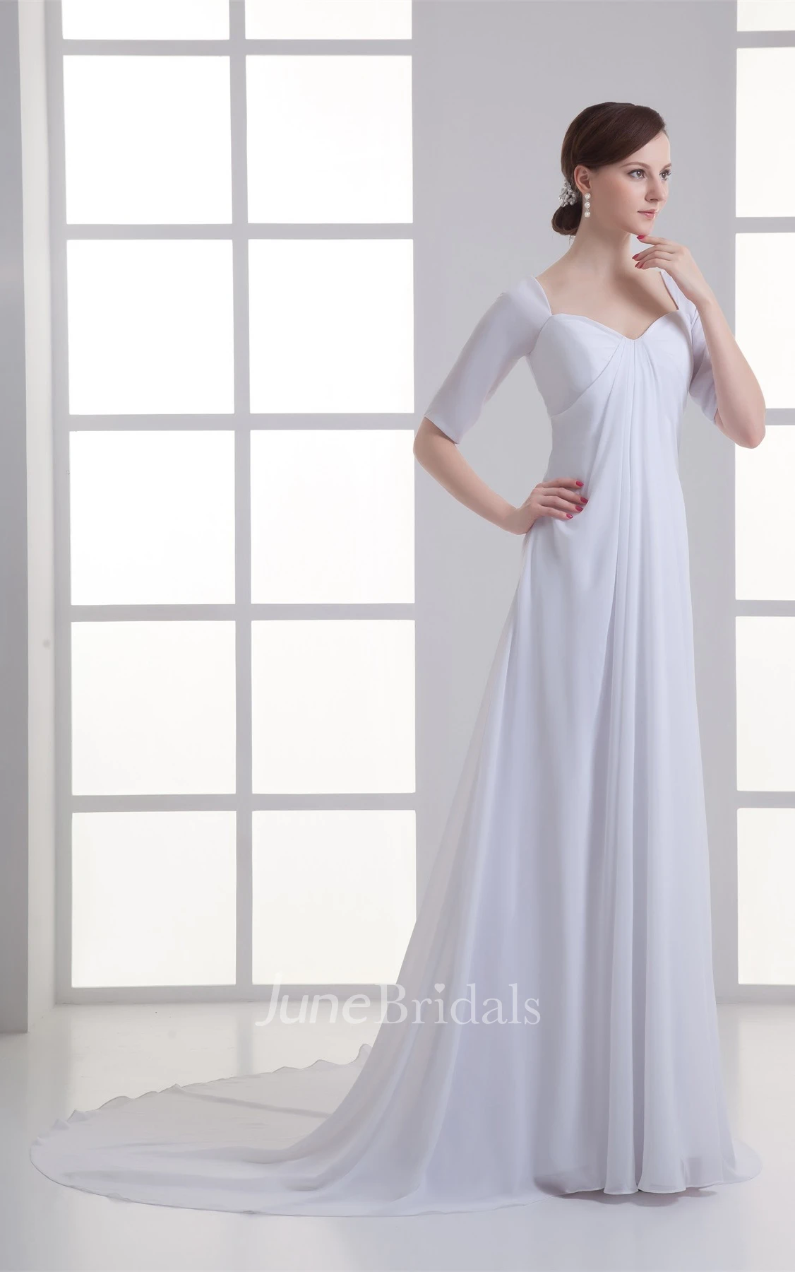 Short-Sleeve Empire Chiffon Maxi Dress with Draping and Sweep Train