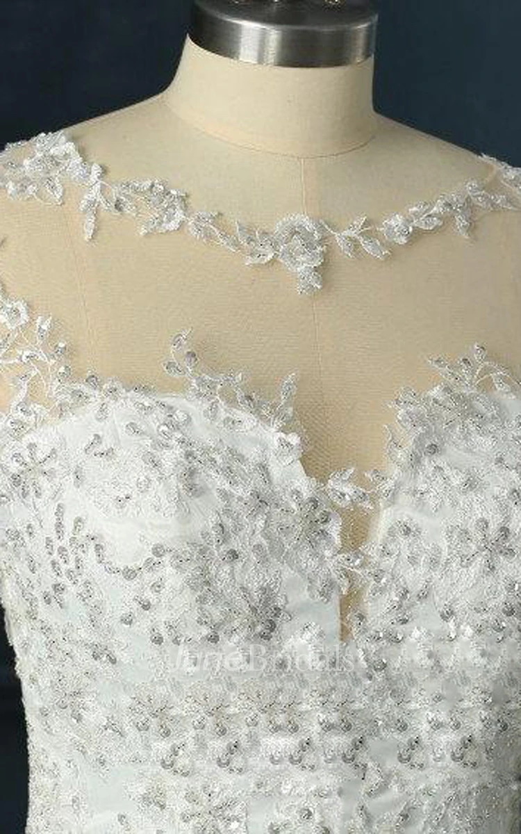 Long Sleeve Cathedral Train Tulle Lace Satin Dress With Beading Illusion