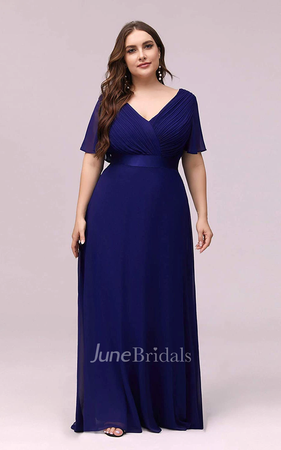 A Line V-neck Chiffon Half Sleeve Prom Dress With Criss Cross and Ruching