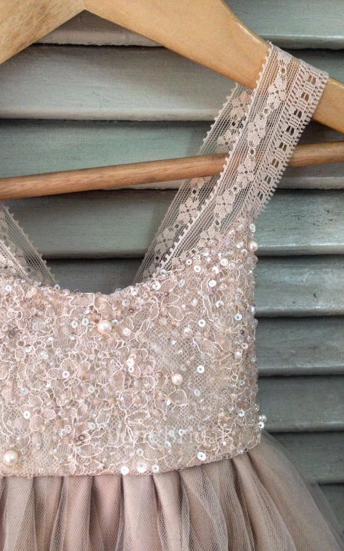 Sleeveless Scoop Neck Pleated Tulle&Lace Dress With Strapped Back