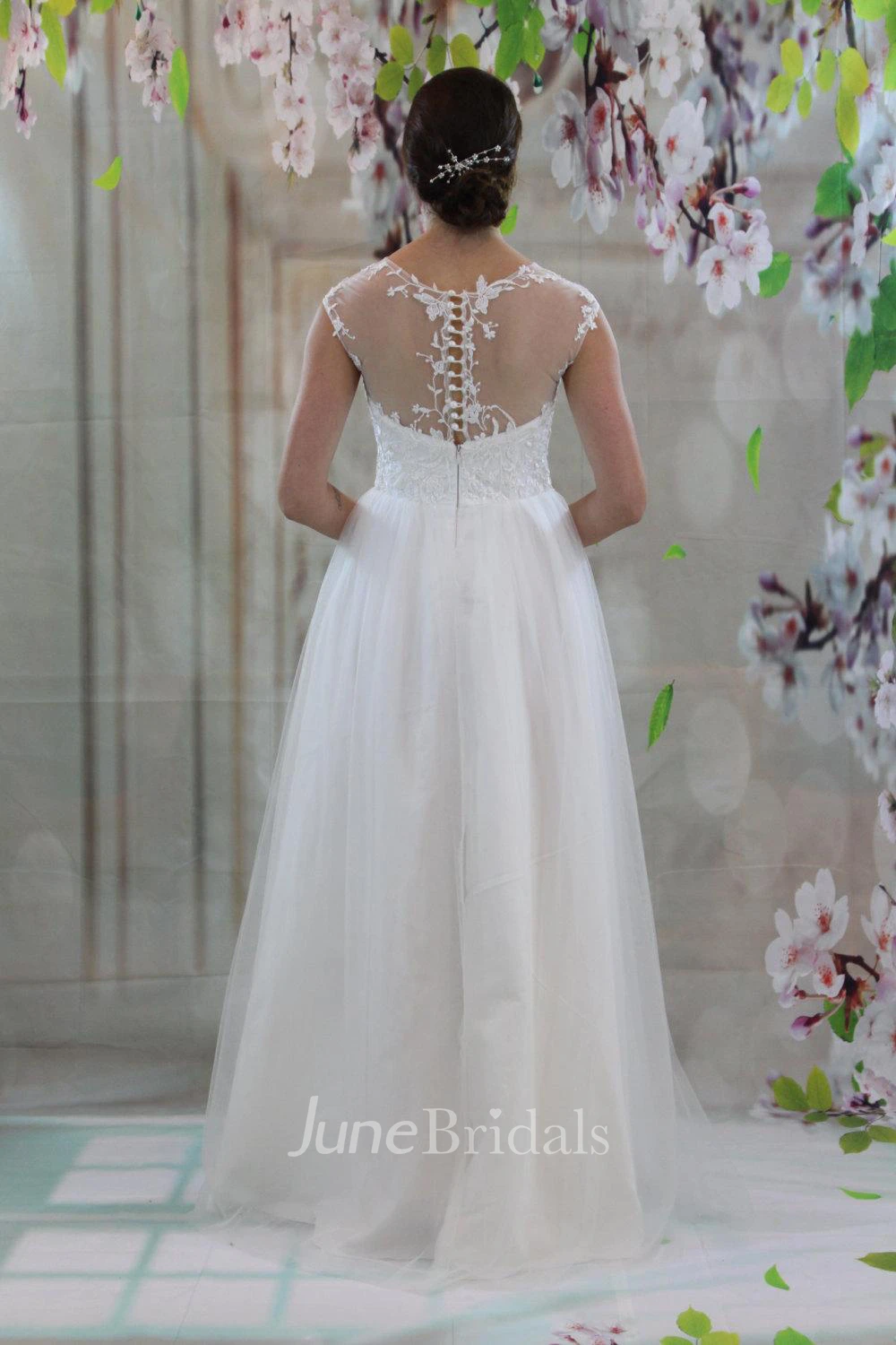 Illusion High Neck Cap Sleeve A-Line Tulle Wedding Dress With Lace Bodice