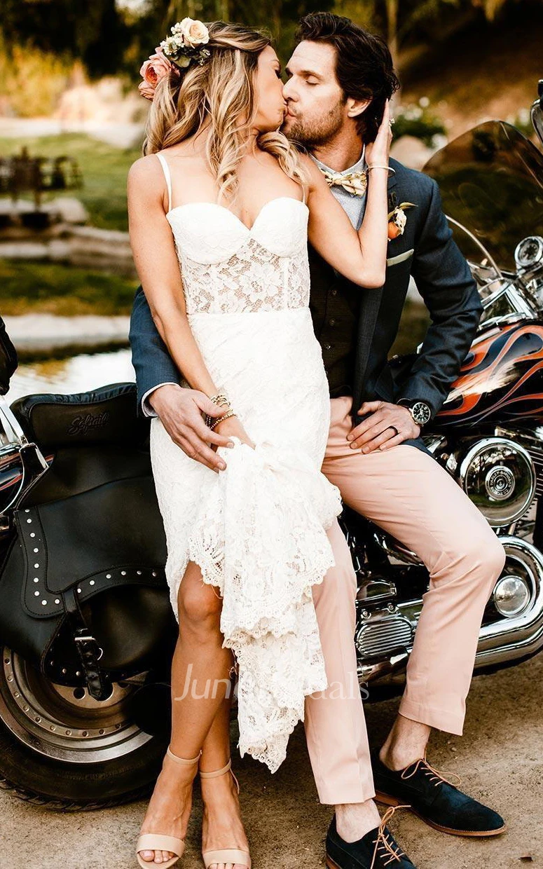 Elegant Sheath Lace Spaghetti Sweetheart Sleeveless Wedding Dress With Split Front