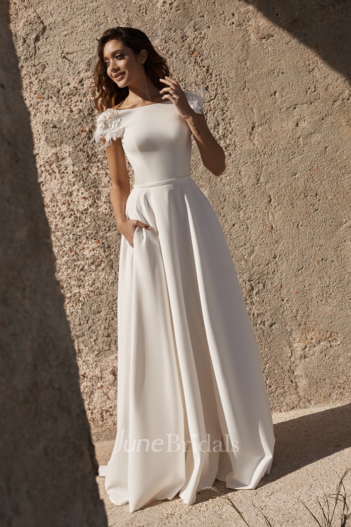 Short Sleeve Deep V-back Back Bateau Satin Wedding Dress