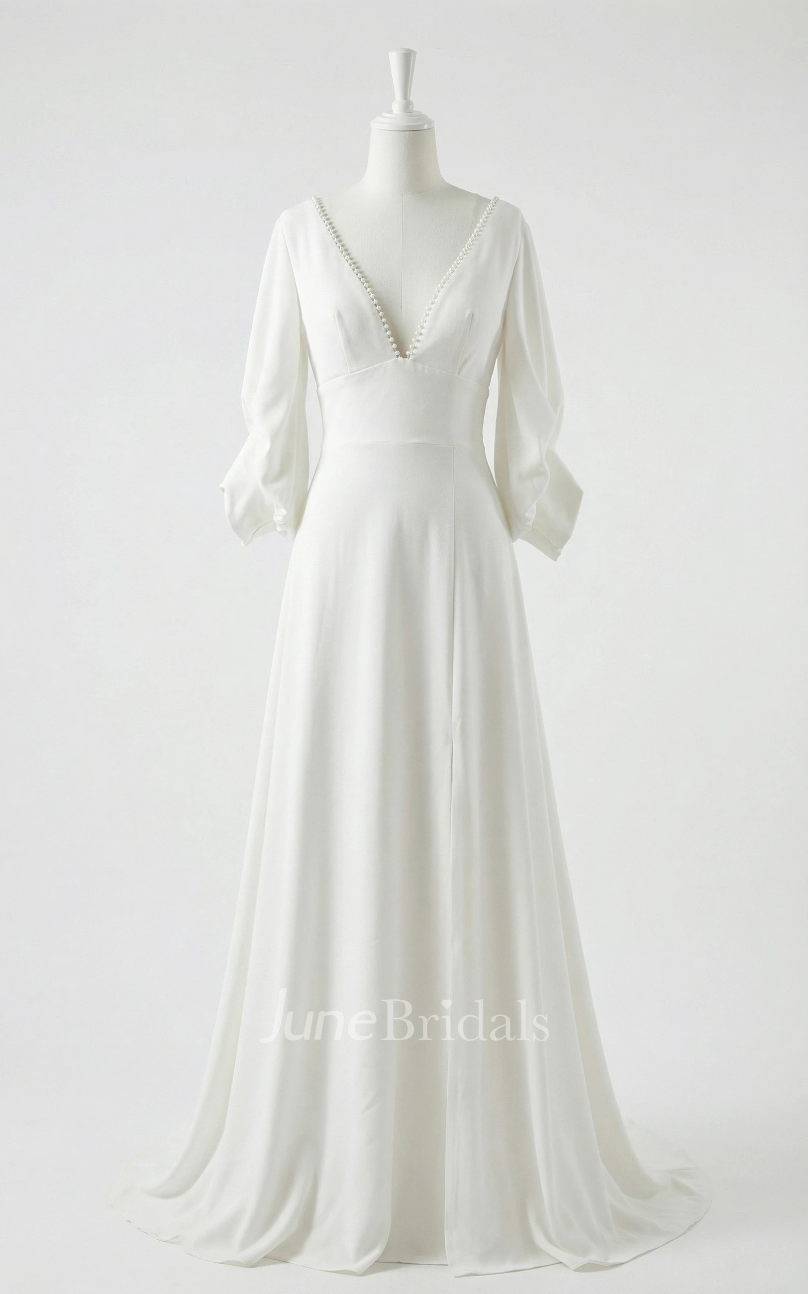 Modern A-Line V-Neck Wedding Dress with Ruched Balloon Sleeves and Cuffs