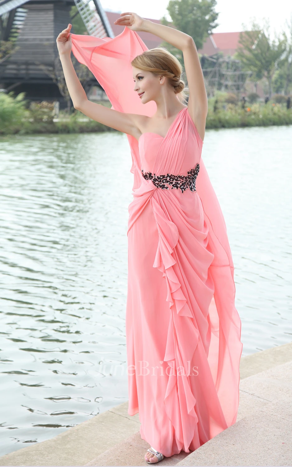 Asymmetrical One-Shoulder Dress With Draping And Beaded Waistband