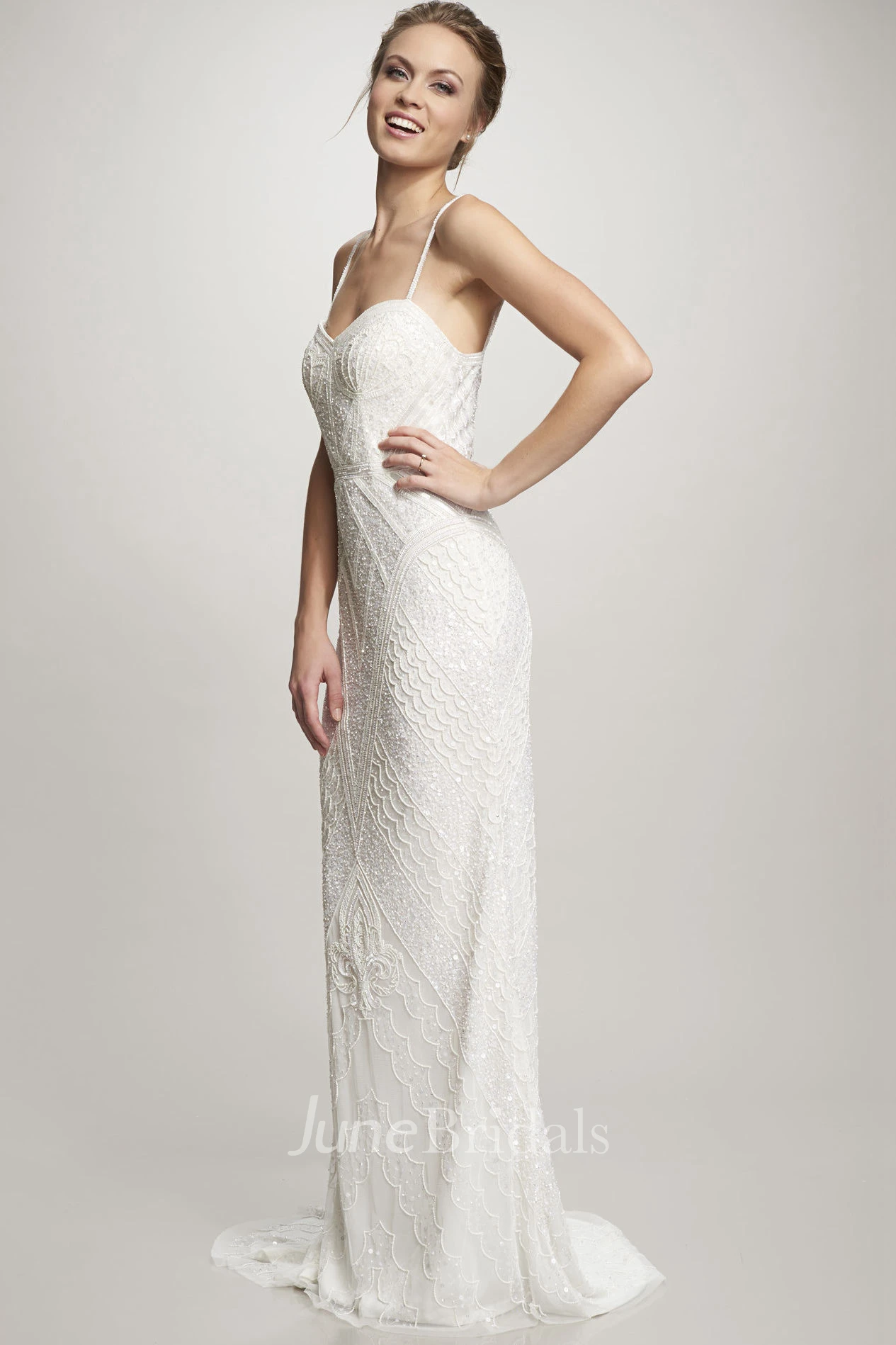 Maxi Spaghetti Beaded Chiffon Wedding Dress With Sweep Train