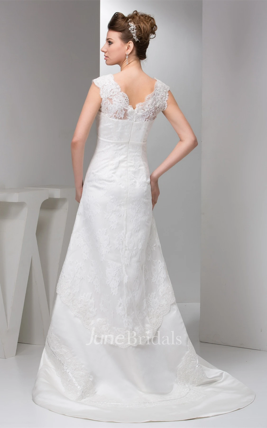 Caped-Sleeve Lace A-Line Gown with Low-V Back