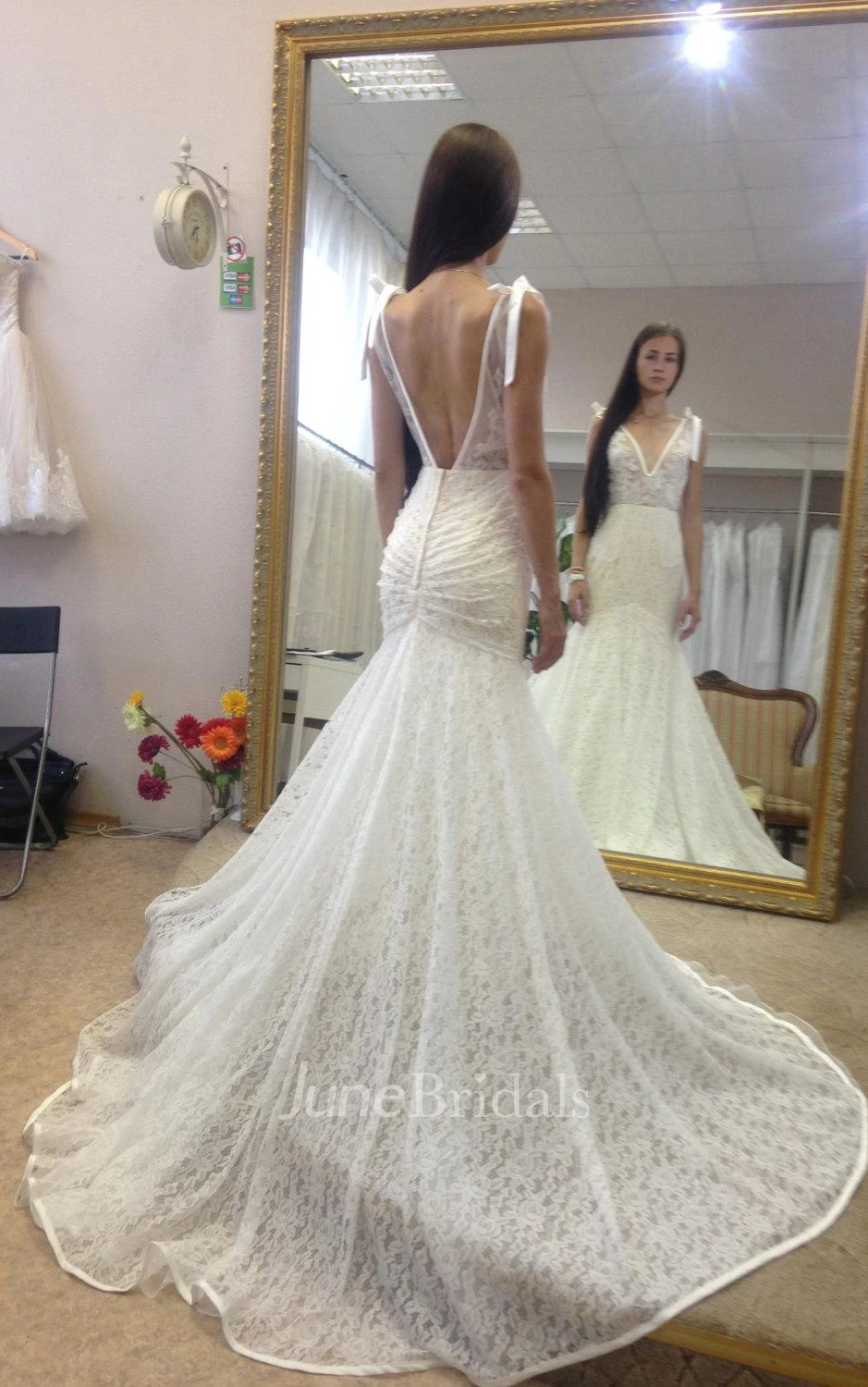 Deep-V Neck Sleeveless Lace Mermaid Wedding Dress With Long Train