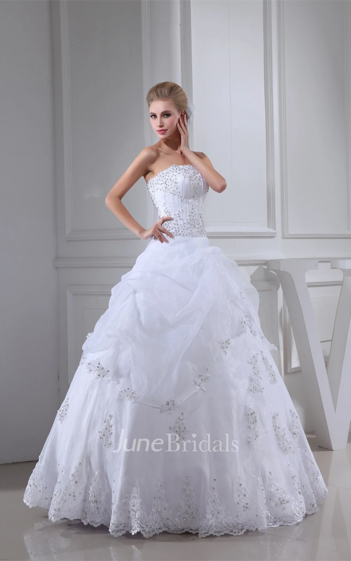 Strapless A-Line Pick-Up Ball Gown with Appliques and Beading