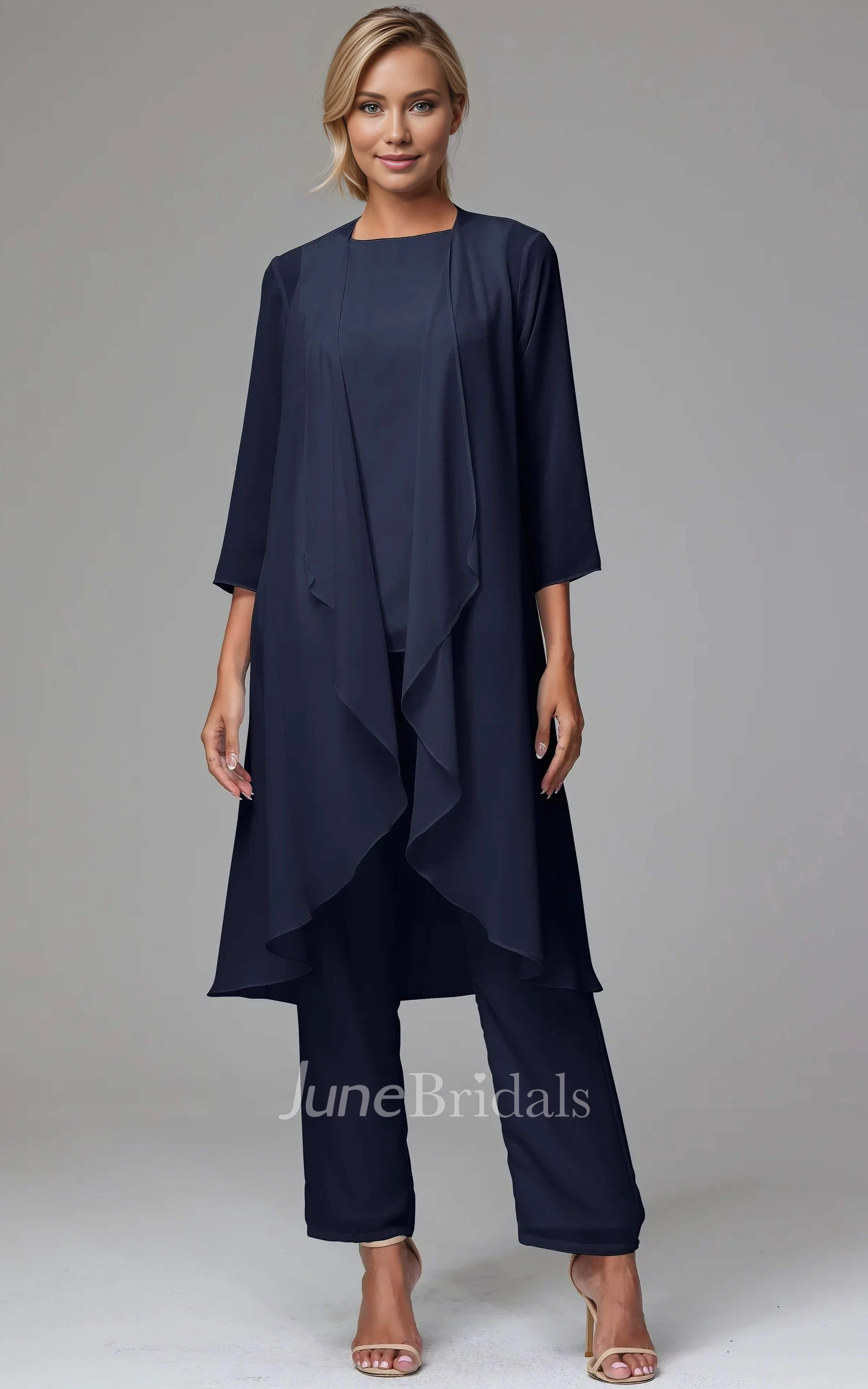 June Bridals Modest Casual 3 Pieces Dark Navy Blue Bateau Neck Chiffon Mother of The Bride Pant Suit Simple Elegant Beach Country Dark Navy Size 6