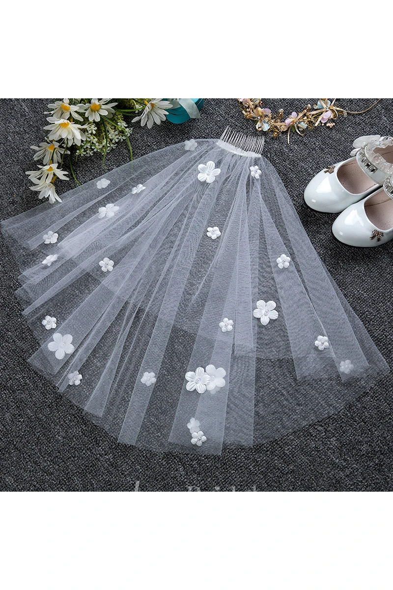 Simple Style Double Layer Floral Tulle Flower Girl Veil