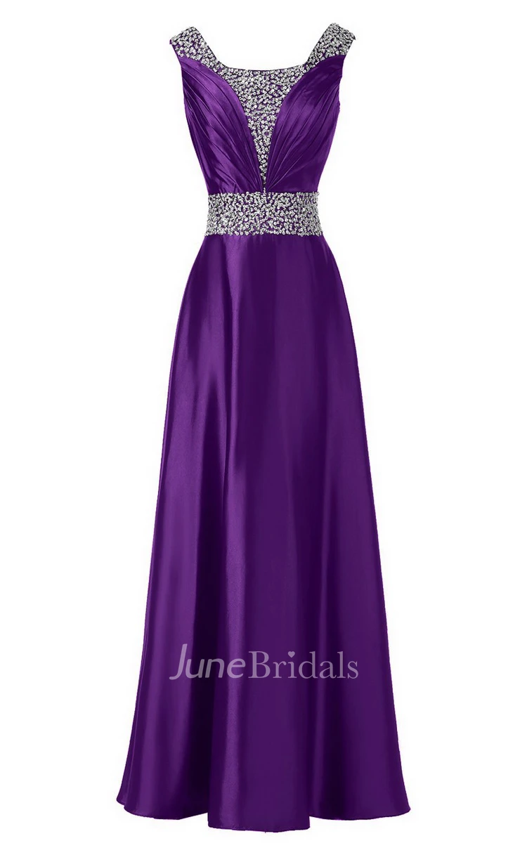 Sleeveless Pleated Satin Dress With Beading Belt and Trim
