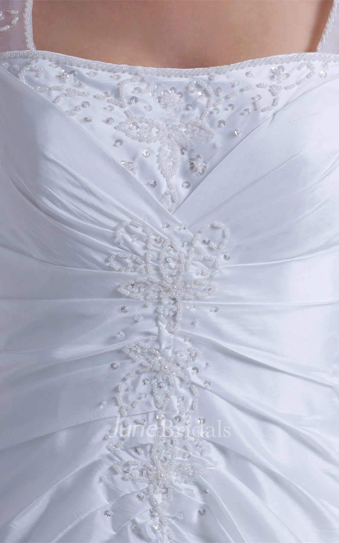 Caped-Sleeve Central-Ruched A-Line Dress with Beading and Sweep Train