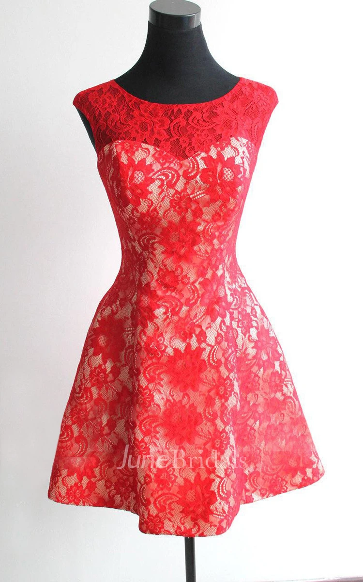 Scoop Sleeveless Short Lace Dress With Zipper Back