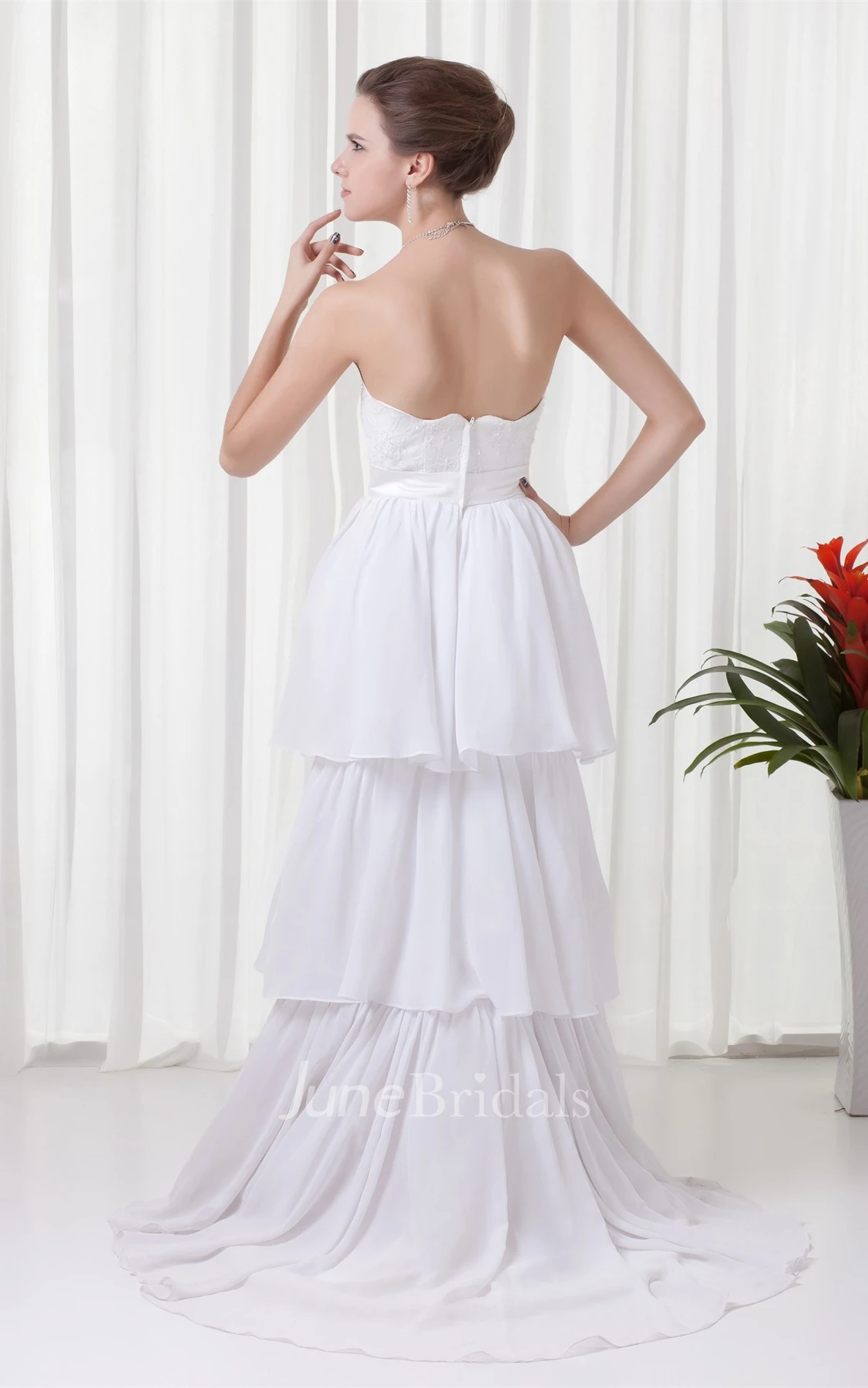 strapless tiered a-line dress with appliques and bow