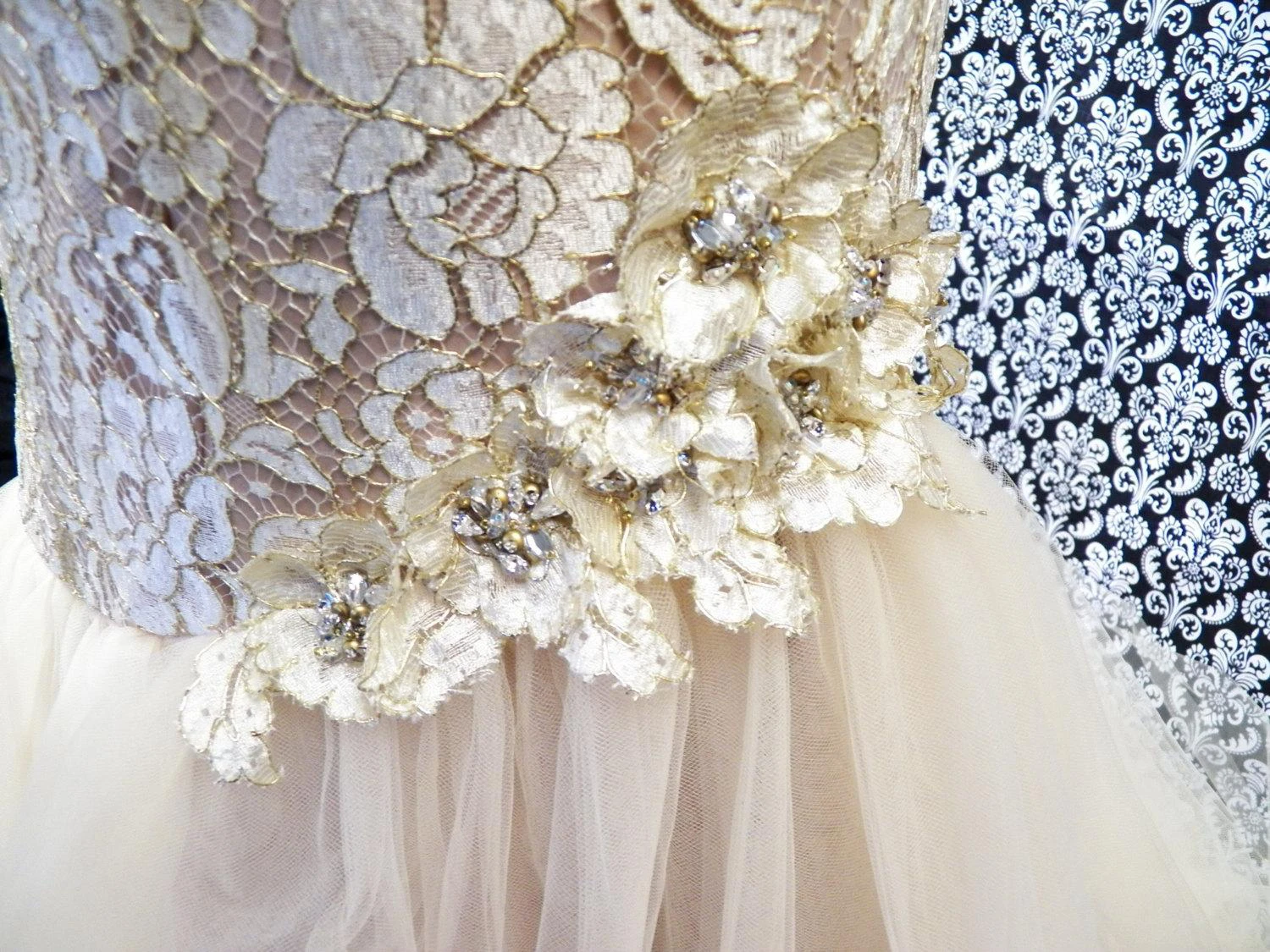 Ivory and Gold Lace Mermaid Fit and Flare Wedding Gown