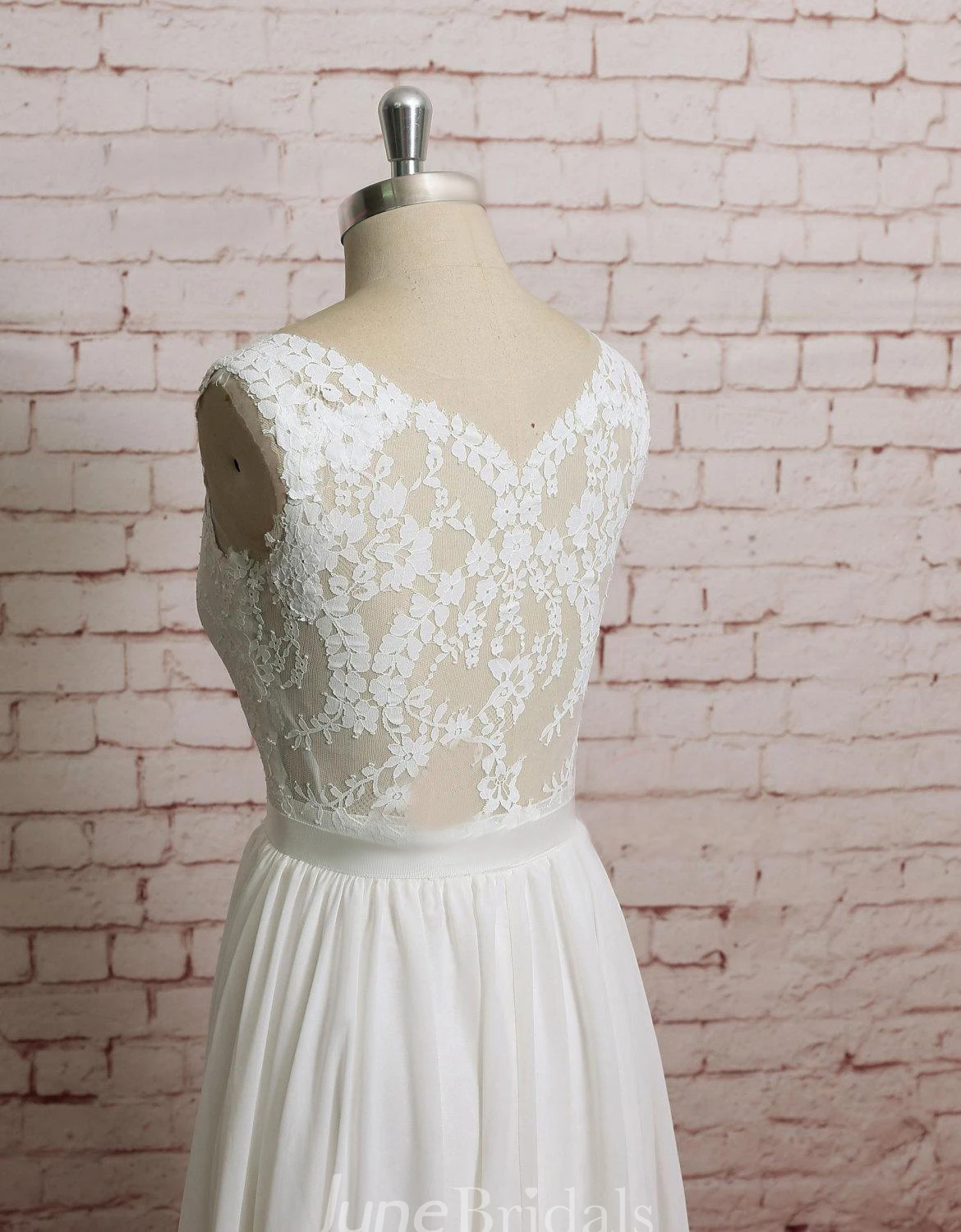 V Shape Lace-Neckline Sheer Lace Back A-Line Style Chiffon Wedding Dress With Waistband