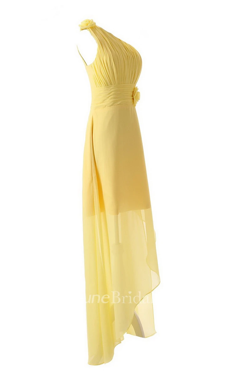 Asymmetrical One-shoulder Pleated A-line Gown With Flowers