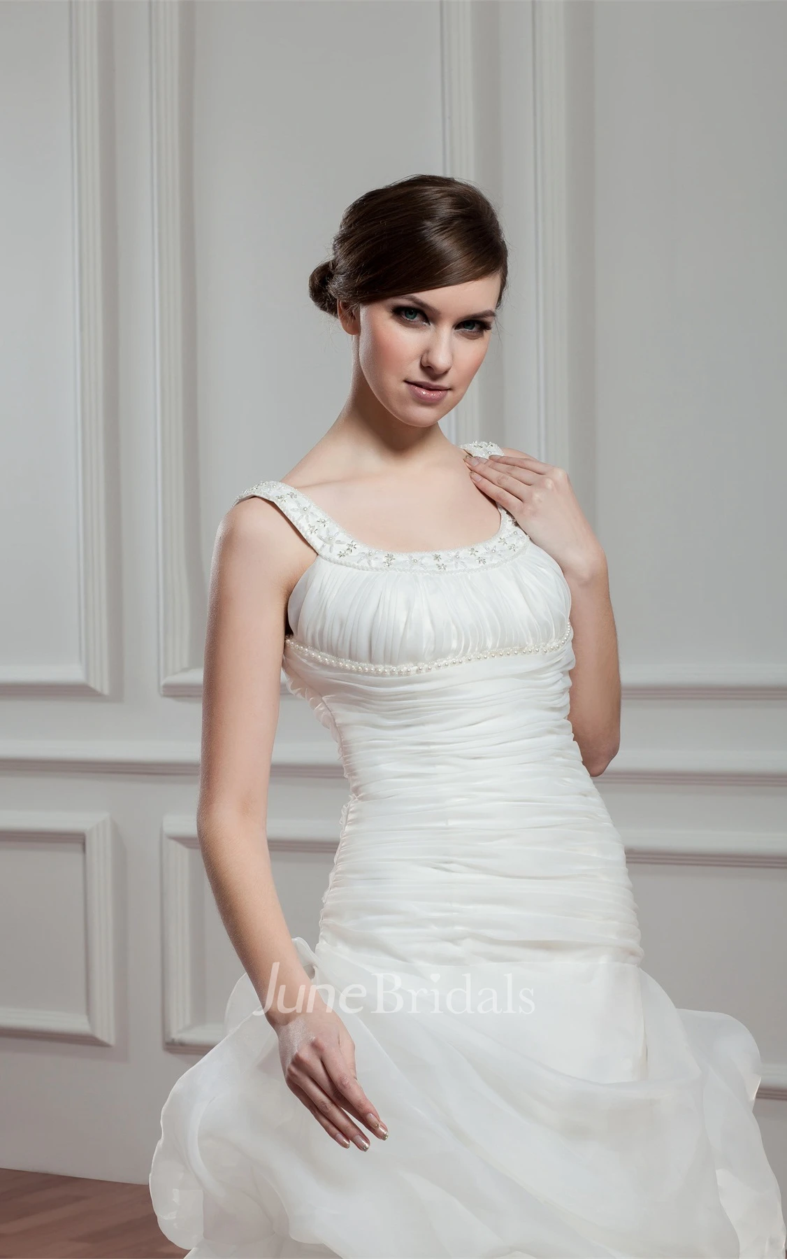Strapped Pick-Up A-Line Gown with Beading and Ruched Bodice