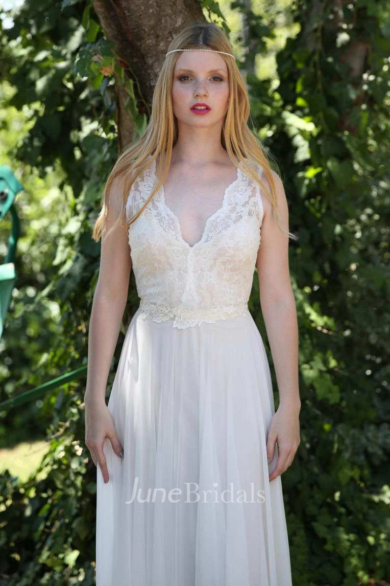 Plunged Sleeveless Chiffon Wedding Dress With Deep-V Back And Ribbon