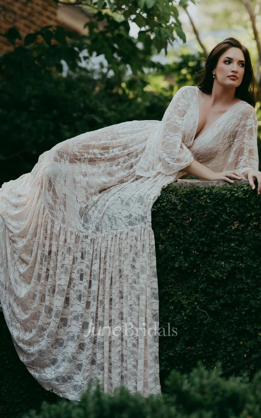 A-Line Plunging Neckline Lace Winter Wedding Dress Beach Simple Casual Sexy Bohemian With Open Back And Bat 3/4 Length Sleeves