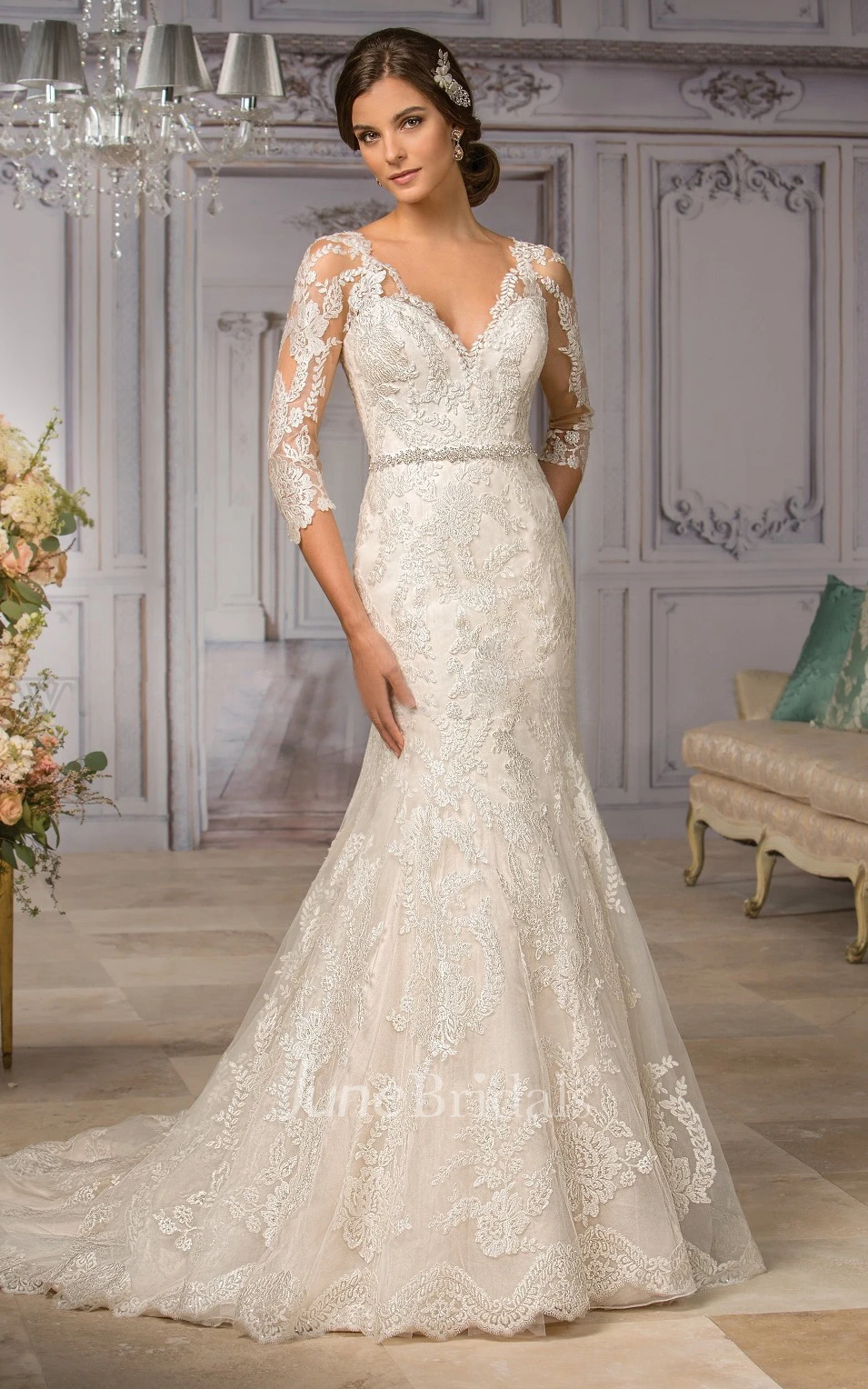 3-4 Sleeved V-Neck Mermaid Spring Wedding Dress With Appliques And Bow