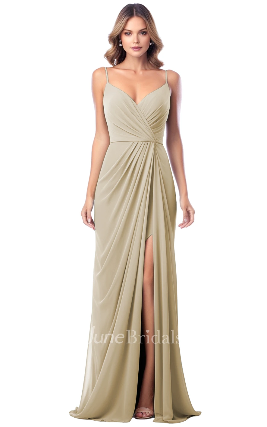 Simple A-Line Spaghetti V-neck Satin Bridesmaid Dress with Split Front