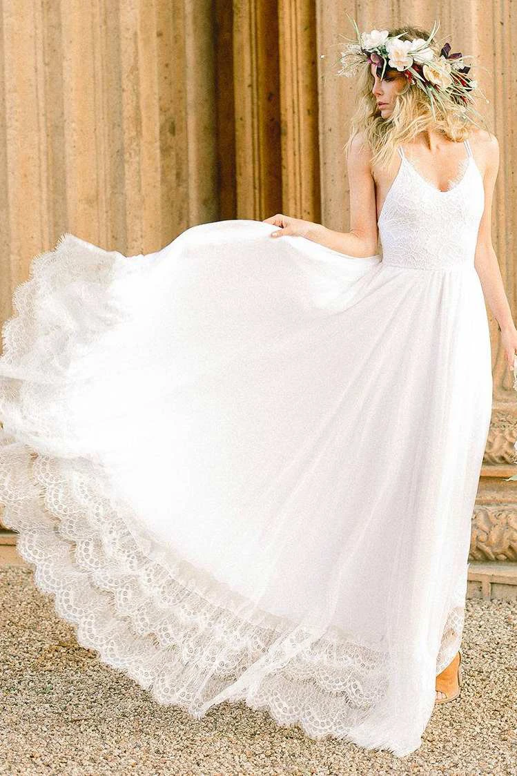 Ethereal Floor Length Chiffon Lace Wedding Dress for Summer