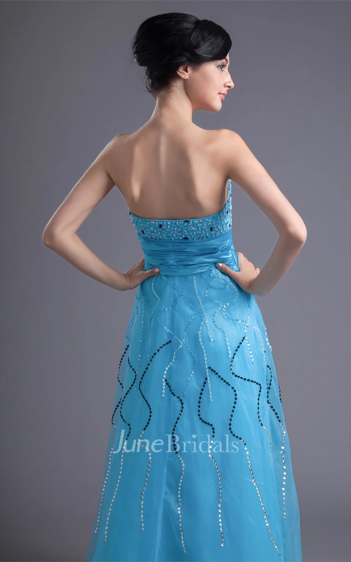 sweetheart floor-length a-line dress with ruched waist and beading