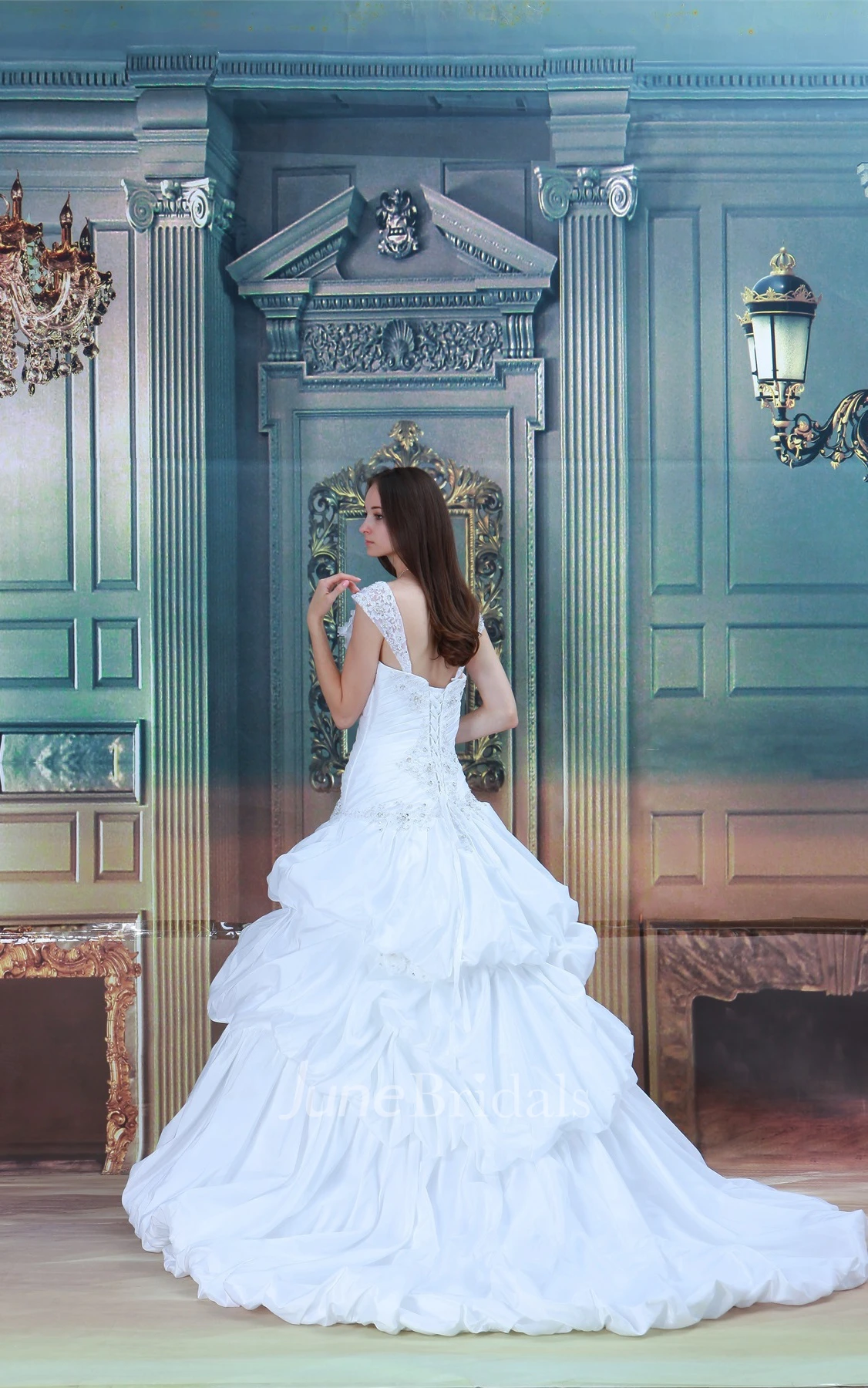 lace pick-up ball a-line strapped gown with pick-up design and beading