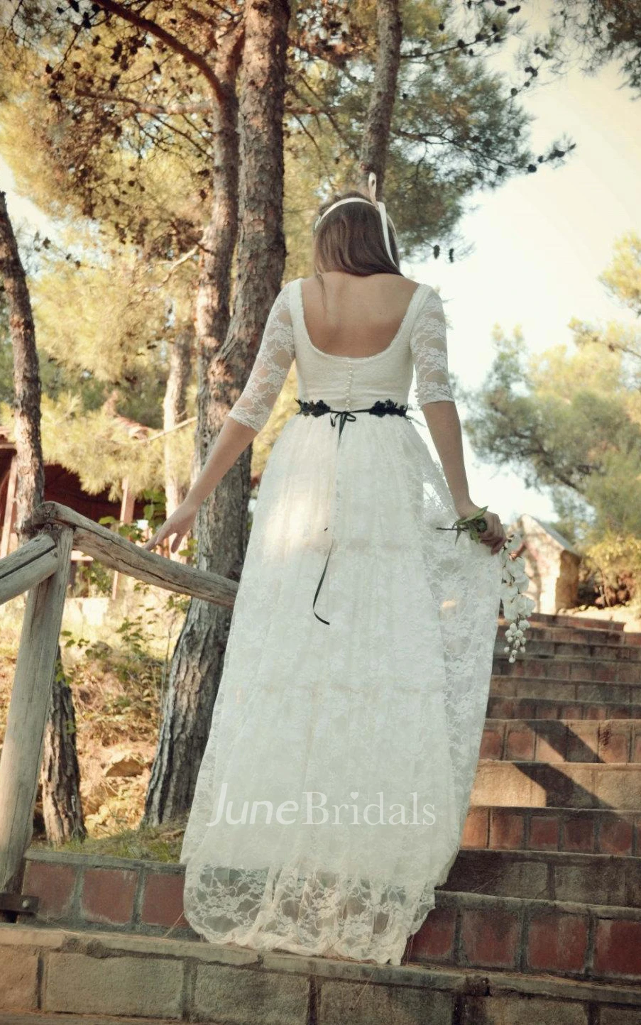 Scoop Half Illusion Sleeve Lace Wedding Dress With Sash And Button Back