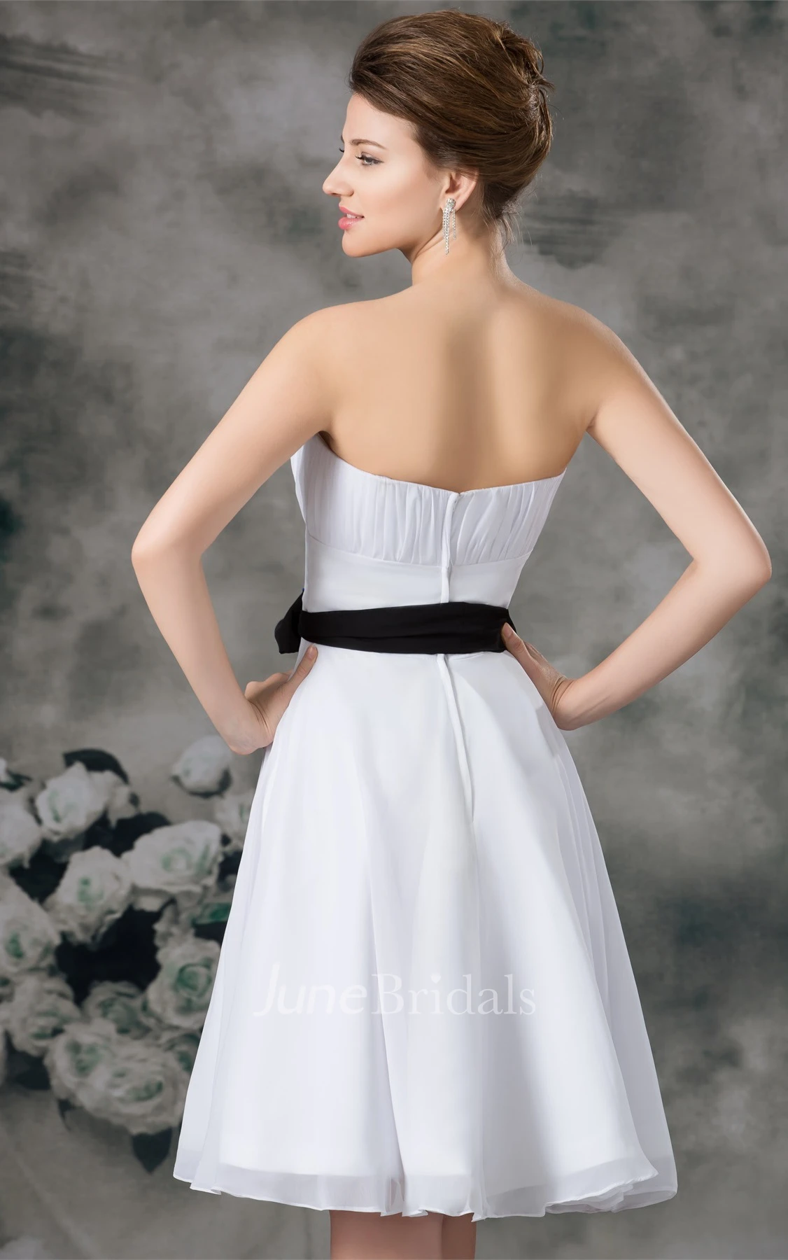 Strapless Chiffon Knee-Length Dress with Ruching and Ribbon