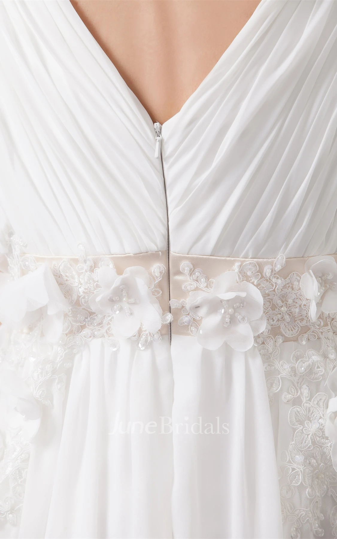 V-Neck Chiffon High-Low Dress with Ruching and Floral Waist