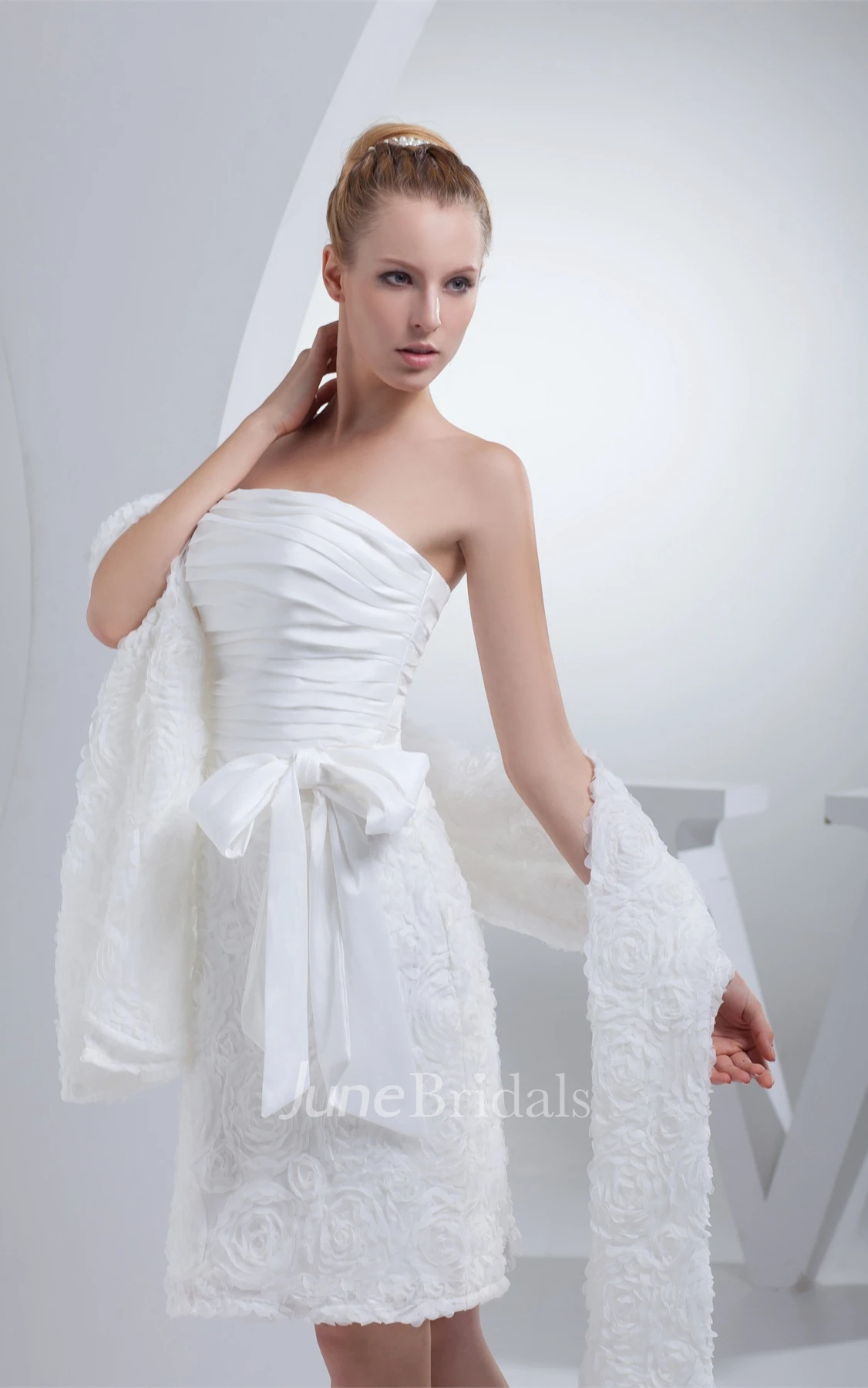 Strapless Knee-Length Appliqued Dress with Ruching and Wrap