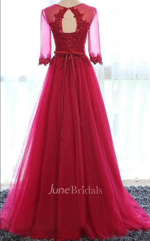 A-line Half Sleeved Tulle And Lace Dress With Beading And Keyhole Back